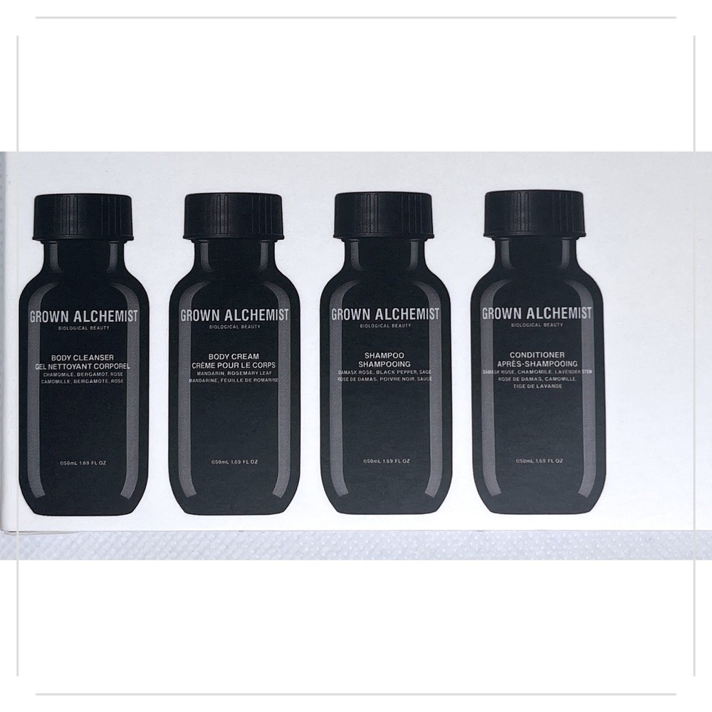 Grown Alchemist Travel Essentials Kit 4pc Body Cleanser Cream Shampoo Set